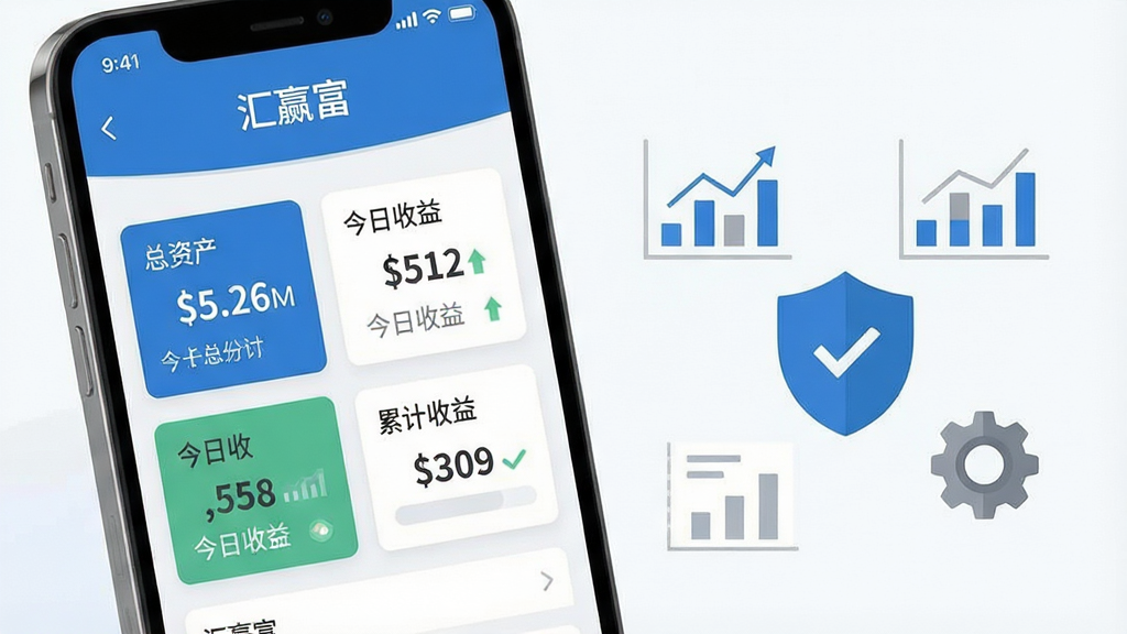 一张以汇赢富账户总览界面为主题的横版概念图,画面左侧为手机屏幕特写,屏幕中展示“汇赢富”账户总览页面,包含总资产数字、今日收益、累计收益等卡片模块。右侧以扁平化图标形式呈现数据图表、盾牌安全标识与齿轮设置图标。整体风格为现代扁平化设计,主色调为蓝白灰,背景干净无杂物,文字“汇赢富”清晰可见,画质锐利,构图平衡。