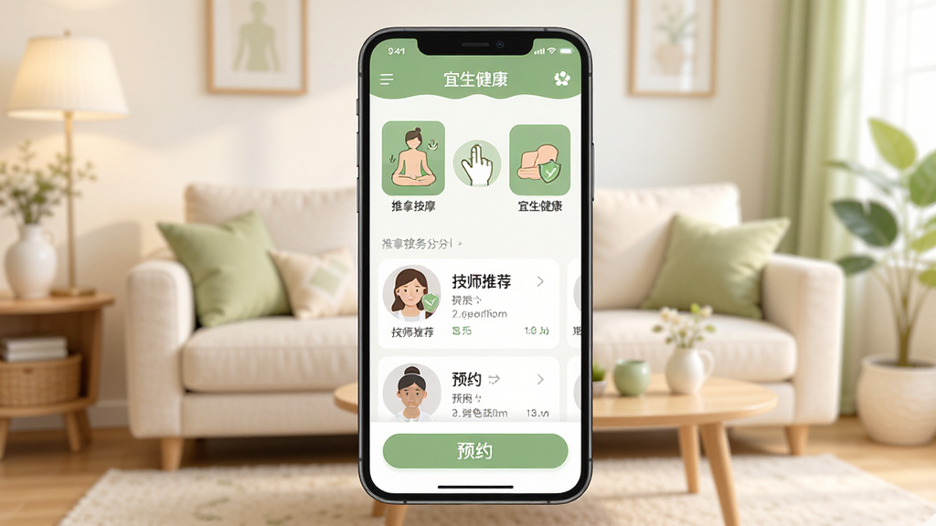 宜生健康手机应用主界面展示,画面中央是一部智能手机,屏幕上显示宜生健康APP的首页界面,包含推拿按摩服务分类图标、技师推荐列表和预约按钮,背景为温馨的家庭客厅场景,色调以暖白和浅绿为主,扁平化UI设计风格,细节清晰,画质干净,无多余元素