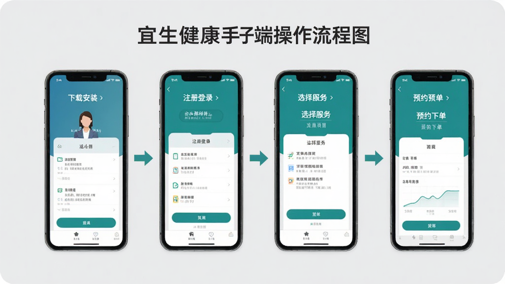 宜生健康手机端操作流程图,画面以手机屏幕为载体,分步骤展示下载安装、注册登录、选择服务、预约下单四个环节的界面截图,每个步骤用箭头连接,背景为浅灰色,风格简洁商务,文字标注清晰,画质干净,无多余元素