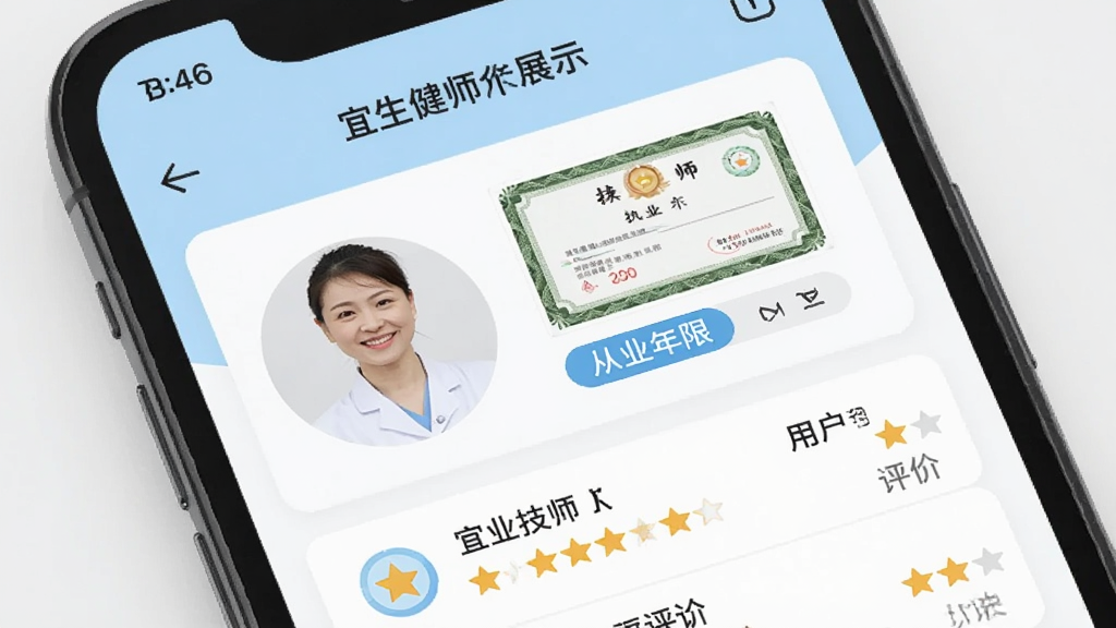 宜生健康技师资质展示页面,手机屏幕特写显示技师个人主页,包含技师头像、执业证书缩略图、从业年限标签、用户评分星级和评价列表,界面简洁清晰,配色以白色和浅蓝色为主,扁平化设计风格,画质干净,无多余元素
