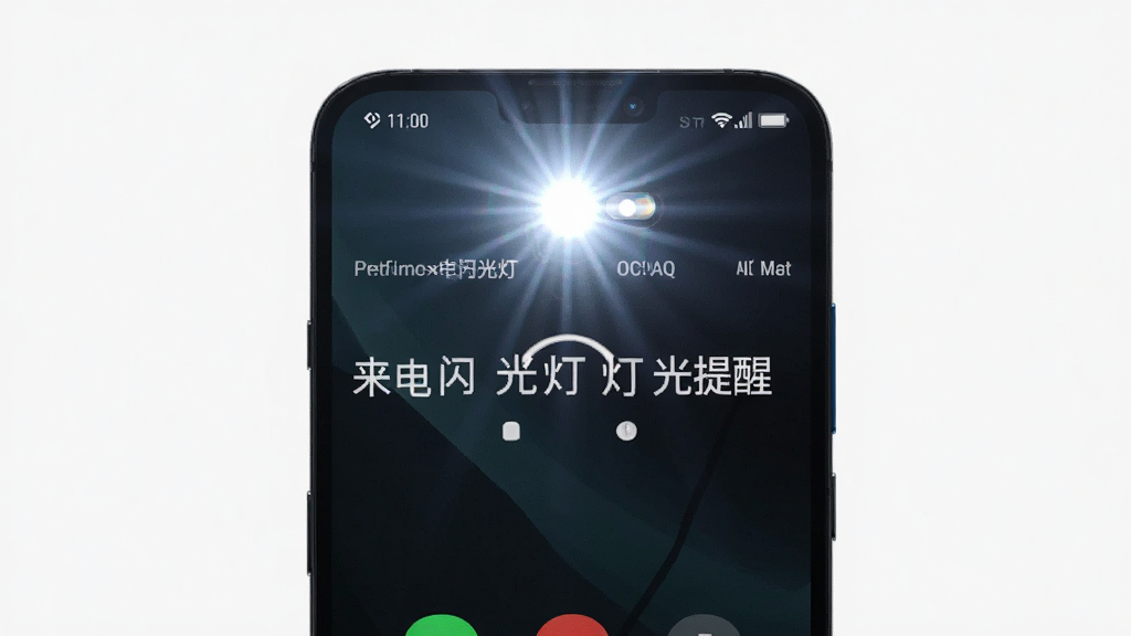 一部智能手机特写,屏幕显示来电界面,背面闪光灯发出耀眼光芒,画面中有“来电闪光灯灯光提醒”的文字标识,构图居中,风格科技感,画质清晰,干净无多余元素