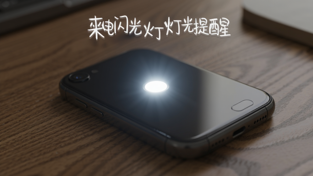 一张展示智能手机背面LED闪光灯正在闪烁发光的高清图片,手机平放在木质桌面上,周围环境略暗,突出闪光灯的明亮光线,画面中包含文字“来电闪光灯灯光提醒”,构图简洁,风格写实,画质清晰,干净无多余元素