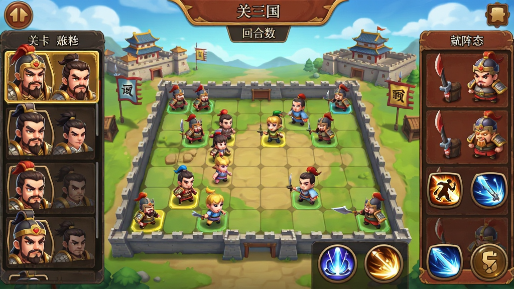 战棋三国游戏主界面预览图,画面中央展示方格棋盘战场,左侧为武将头像列表,右侧为敌方阵容,顶部显示关卡名称与回合数,整体采用Q版三国画风,色彩明亮,布局清晰,风格为手机游戏截图,细节包含城池背景与技能按钮,画质高清,干净,无多余元素