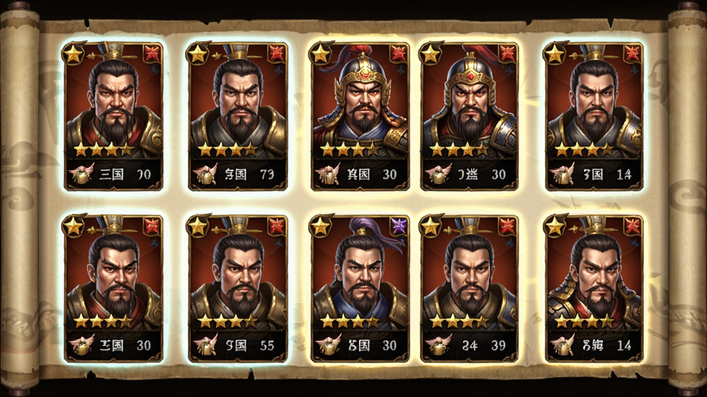 战棋三国武将收集界面图,画面展示多个三国武将卡牌排列,卡牌上有武将头像、星级与职业图标,背景为古典卷轴风格,风格为游戏UI截图,细节包含卡牌边框与光效,画质高清,干净,无多余元素