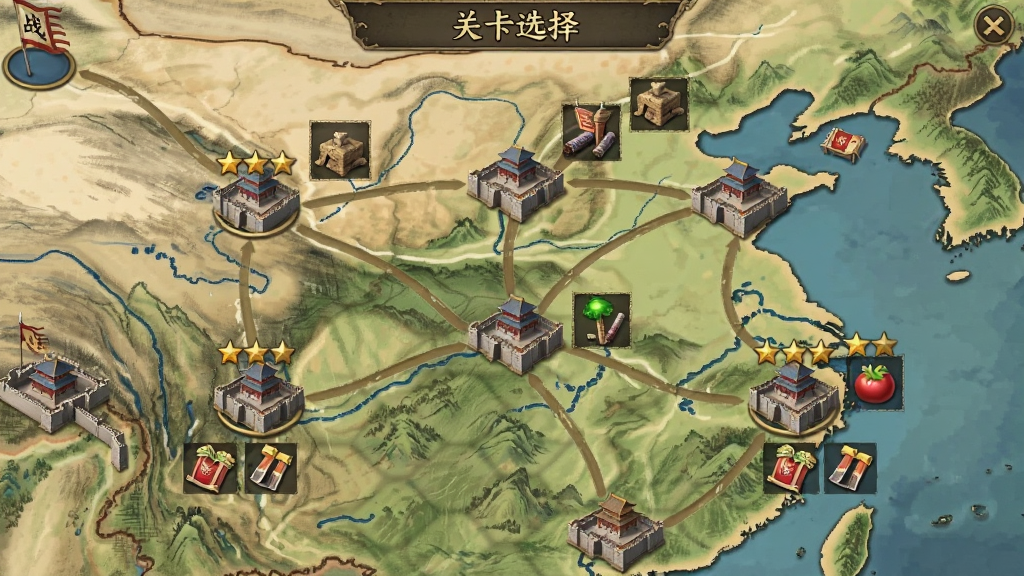 战棋三国关卡选择界面图,画面展示多个关卡节点分布在三国地图上,节点旁有星级评价与掉落奖励图标,背景为古风山水画,风格为游戏地图界面,细节包含城池模型与路径连线,画质清晰,干净,无多余元素