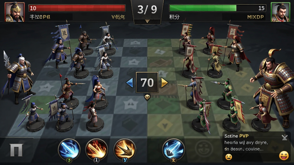 战棋三国PVP对战界面图,画面展示两名玩家阵容在棋盘两侧对峙,中间有倒计时与回合指示,顶部显示双方血量与积分,风格为竞技对战UI,细节包含技能按钮与聊天表情,画质高清,干净,无多余元素