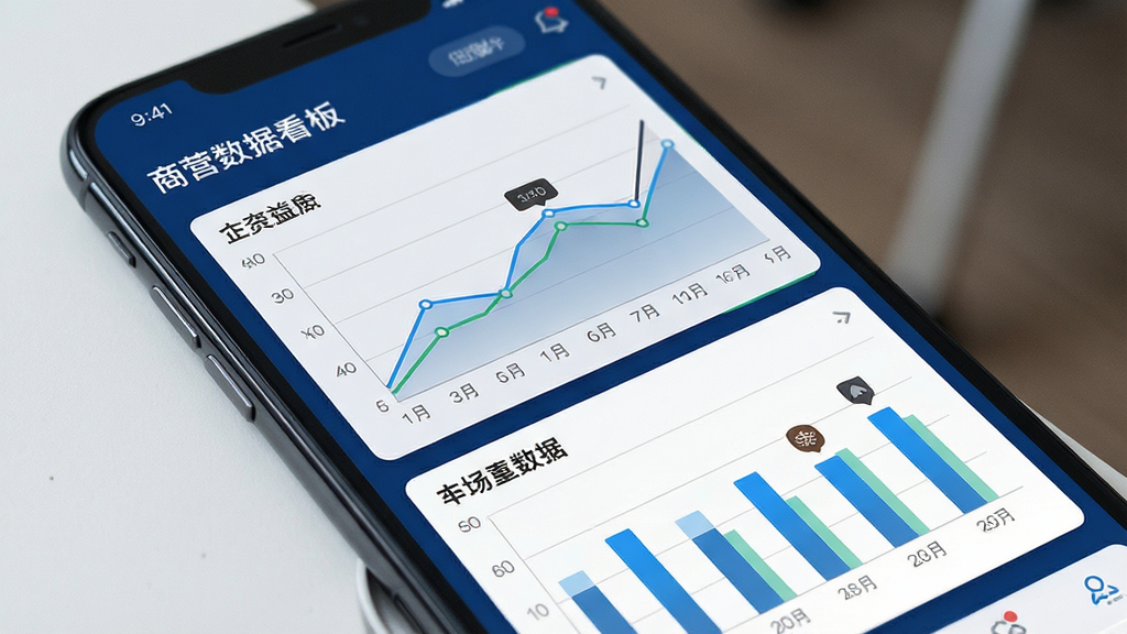 一张展示松果商户经营数据看板的手机界面图片,屏幕上显示折线图和柱状图,数据清晰,背景为深蓝色,风格现代商务,画质干净,无多余元素