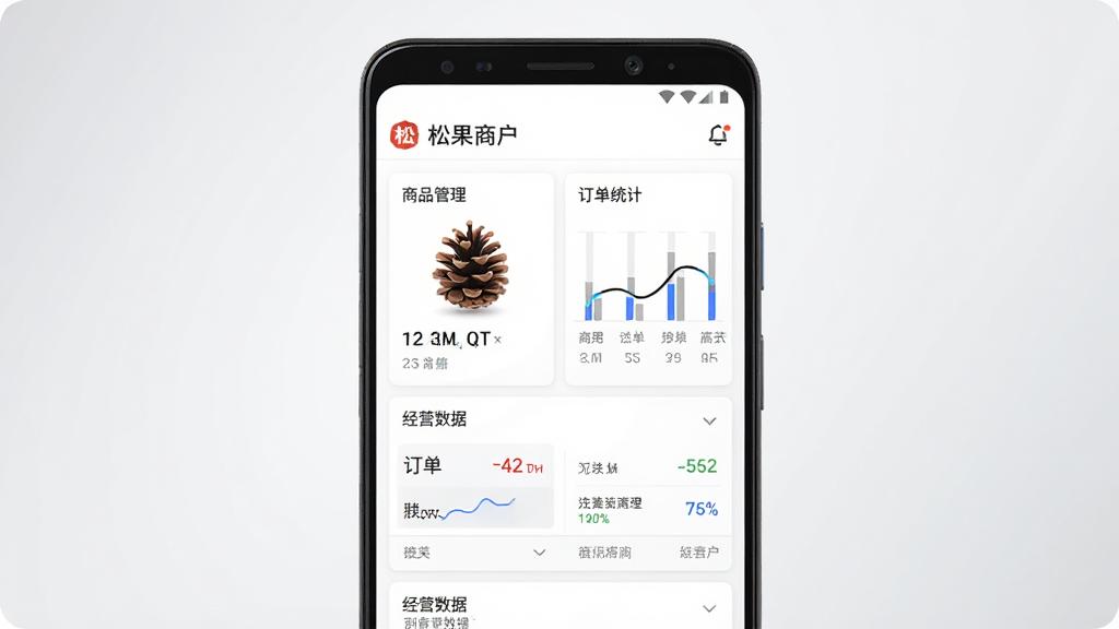 一张展示松果商户应用主界面的手机样机图,画面中央是一部安卓手机,屏幕显示松果商户的首页,包含商品管理、订单统计、经营数据等模块,背景为浅灰色渐变,风格简洁商务,细节清晰,画质干净,无多余元素
