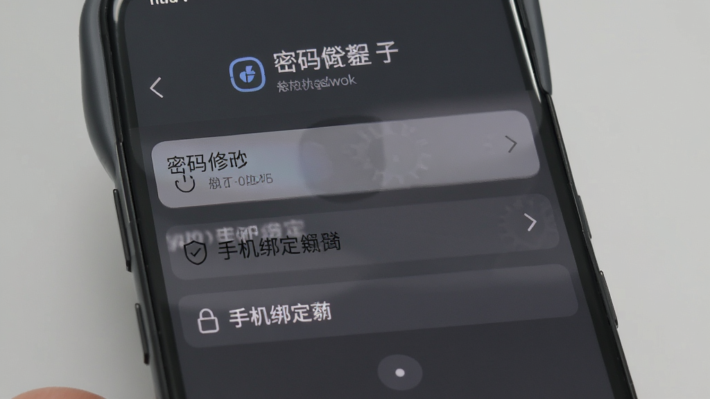 一张展示手机安全设置界面的图片,屏幕上显示密码修改、手机绑定等选项,背景为深灰色,风格稳重,画质干净,无多余元素