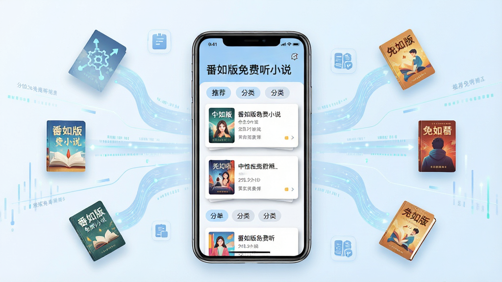 画面主体为番如版免费听小说的智能推荐页面,手机屏幕中显示个性化推荐书单和分类标签,周围环绕着数据流线条、推荐算法图标和书籍封面。布局采用手机居中,四周环绕元素呈放射状分布。排版上界面文字清晰标注“番如版免费听小说”。风格为清新简约科技风,配色以淡蓝色和白色为主。细节上,推荐卡片带有阴影效果,数据流线条流畅,书籍封面色彩丰富。画质高清,干净,无多余元素。