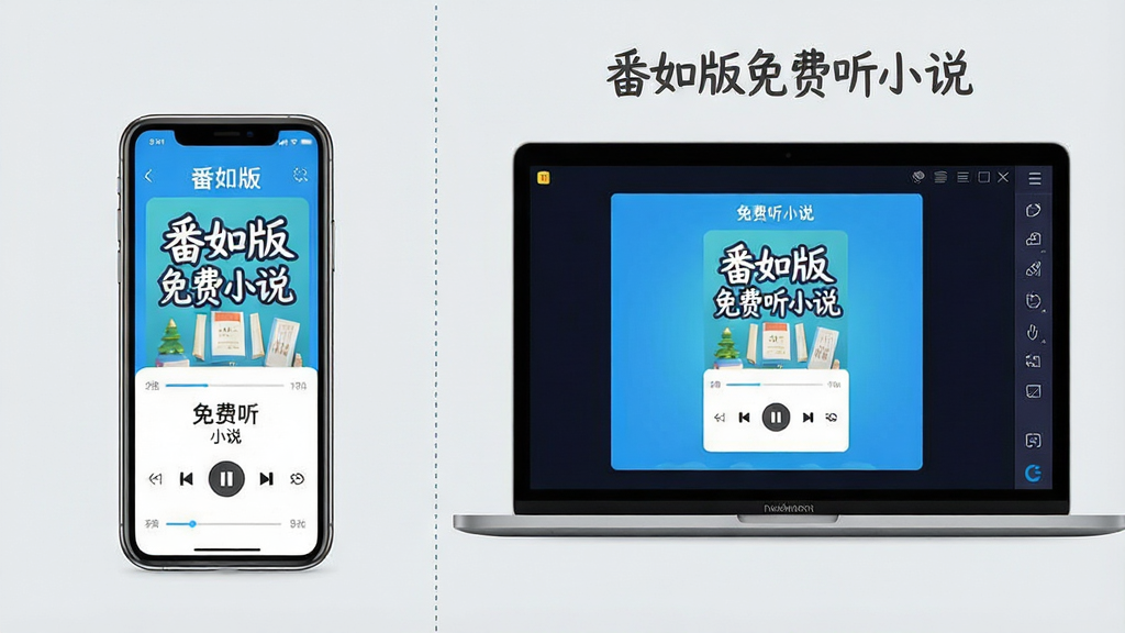 画面主体为一部智能手机和一台笔记本电脑并排展示,手机屏幕显示番如版免费听小说的播放界面,电脑屏幕显示模拟器中的同一应用界面。布局采用左右对比构图,手机在左,电脑在右,中间用虚线分隔。排版上界面文字标注“番如版免费听小说”。风格为简洁教程风,配色以浅灰和蓝色为主。细节上,手机和电脑边框清晰,屏幕内容明亮,虚线分隔线细腻。画质高清,干净,无多余元素。