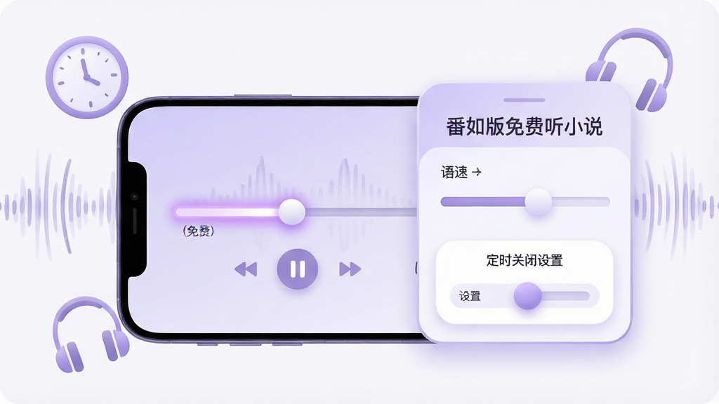 画面主体为番如版免费听小说的播放控制界面,手机屏幕中展示着播放进度条、语速调节滑块和定时关闭设置面板,周围环绕着时钟图标、耳机和声波纹理。布局采用手机居中,控制面板悬浮在右侧。排版上界面文字标注“番如版免费听小说”。风格为柔和圆角设计风,配色以淡紫色和白色为主。细节上,进度条带有光晕效果,滑块圆润,声波纹理细腻。画质高清,干净,无多余元素。