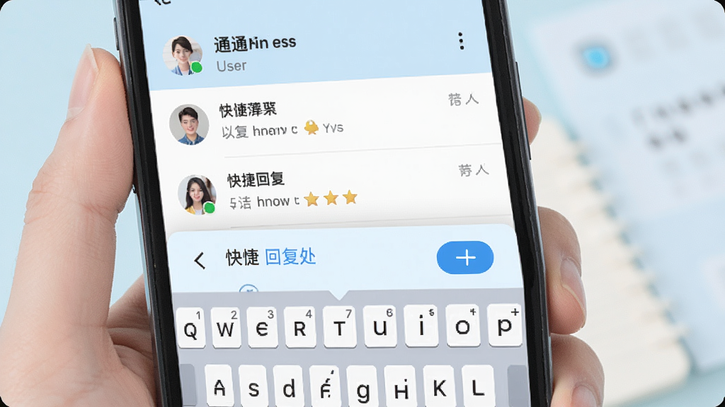 一张信息通快捷回复功能的手机界面图,画面显示用户正在通知列表中对一条消息进行快捷回复操作,弹出的小型回复框位于屏幕下方,键盘区域可见。背景为浅蓝色调,风格清新浅色,布局紧凑合理,画质清晰,干净无多余元素。