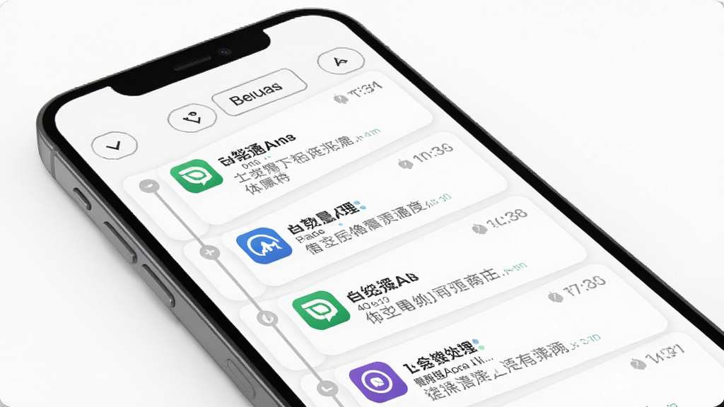 一张信息通应用内通知聚合功能的界面展示图,画面中手机屏幕显示按时间轴排列的多条通知卡片,不同应用的通知用不同颜色的图标区分,顶部有筛选按钮,整体布局清晰。背景为白色,风格简约商务,细节精致,画质清晰,干净无多余元素。