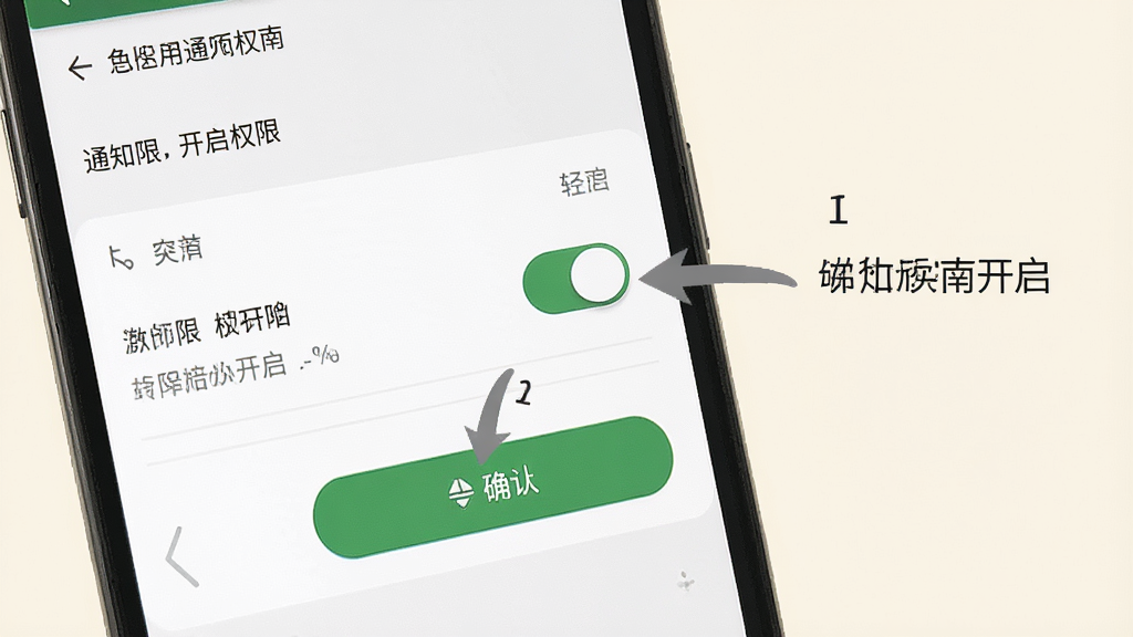 一张信息通使用指南示意图,画面展示安卓手机设置界面中通知权限开启的步骤,屏幕上可见权限开关和确认按钮,旁边有箭头标注操作顺序。背景为浅色,风格清爽素雅,布局清晰,画质干净,无多余元素。