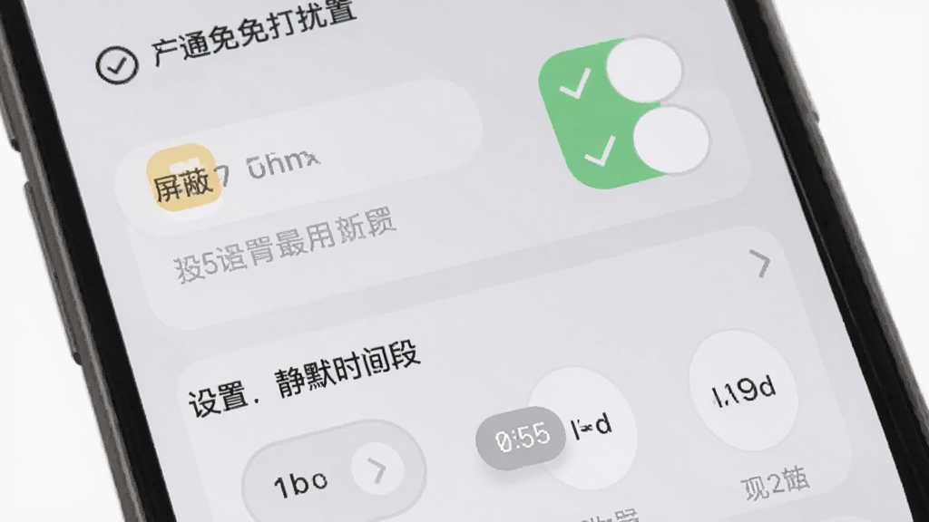 一张信息通免打扰设置界面的手机截图风格图,画面显示手机屏幕上有多个开关按钮和时段选择器,用户可以勾选需要屏蔽的应用和设置静默时间段。背景为浅灰色,风格柔和圆角,界面元素排列有序,画质清晰,干净无多余元素。
