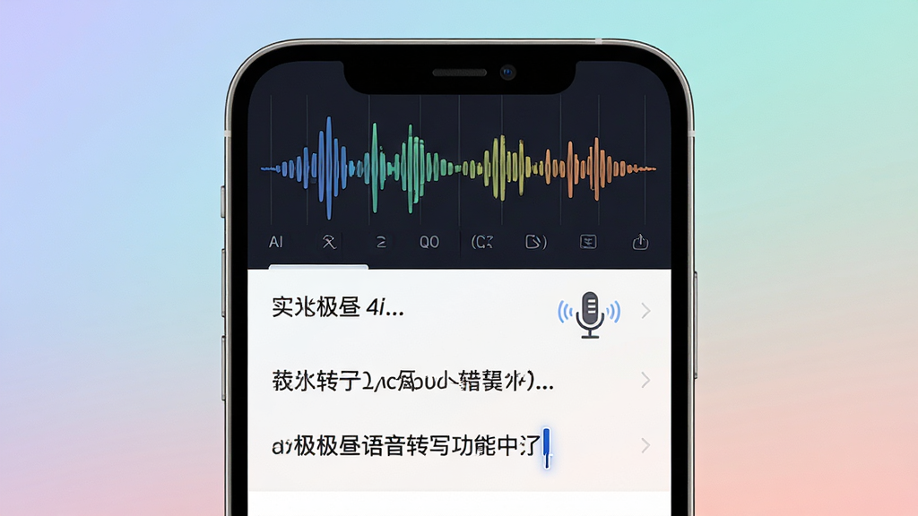ai极昼语音转写功能展示图,画面主体为手机屏幕特写,屏幕显示声波波形与实时转写的文字内容,背景为柔和渐变色调,布局采用上下结构,上方为波形动画区域,下方为文字列表,风格偏向科技感与实用性结合,细节上突出麦克风图标与转写光标,画质清晰,画面干净整洁,无多余装饰元素