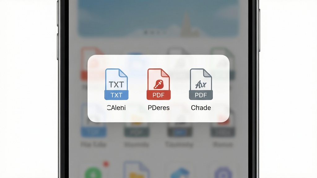 ai极昼多格式导出界面示意图,画面为手机屏幕截图风格,屏幕中央显示导出选项弹窗,包含TXT、PDF等格式图标,弹窗周围有半透明遮罩,整体布局居中,风格简洁明快,细节上图标线条细腻,色彩柔和,画质高清,画面干净,无多余文字装饰
