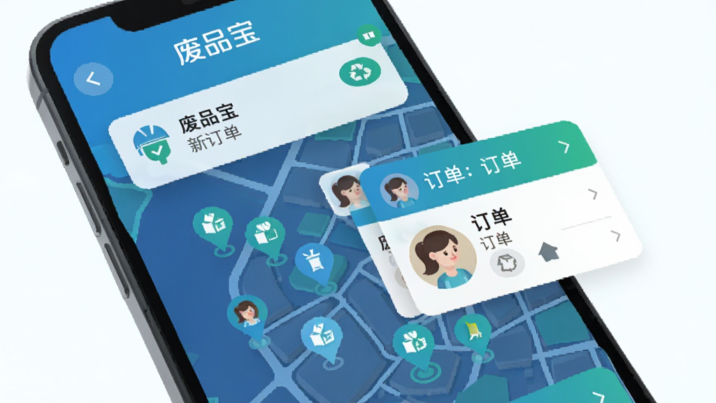废品宝周边订单推送功能示意图,画面展示手机屏幕弹出新订单通知,地图上标注多个回收需求点,回收员头像与订单卡片并列,风格扁平化,配色以蓝绿为主,画质干净清晰,文字标注“废品宝”