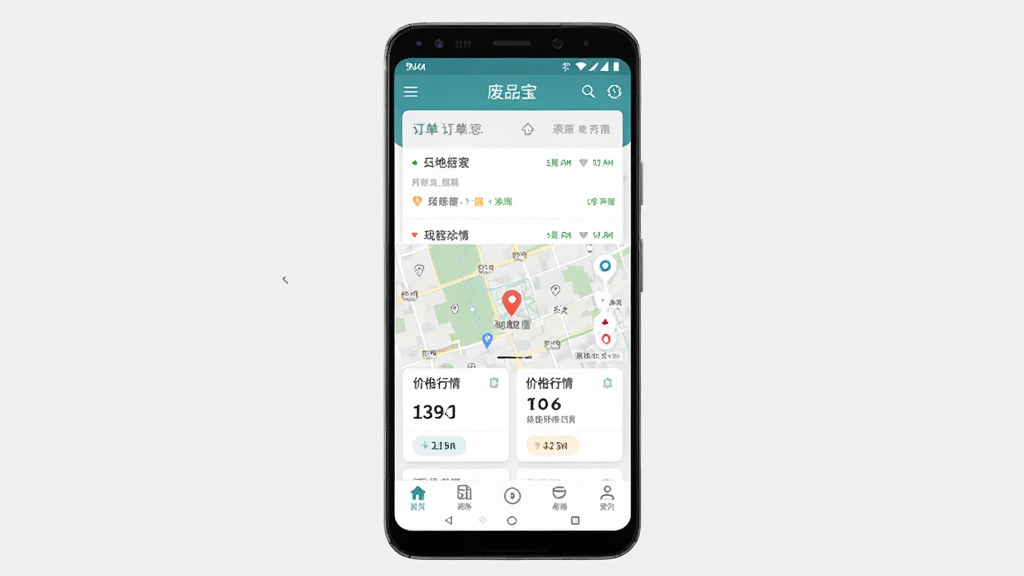 废品宝软件主界面全貌预览图,画面中央展示一部安卓手机,屏幕内呈现废品宝APP首页,包含订单列表、地图定位、价格行情卡片和底部导航栏,背景为干净浅灰色,风格简洁现代,画质清晰,无多余元素