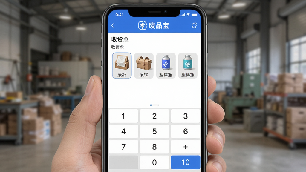 废品宝进销存记账界面展示图,手机屏幕显示收货单填写页面,包含废纸、废铁、塑料瓶等品类图标,下方有数字键盘与金额汇总栏,整体风格清爽,画质细腻,突出“废品宝”标识