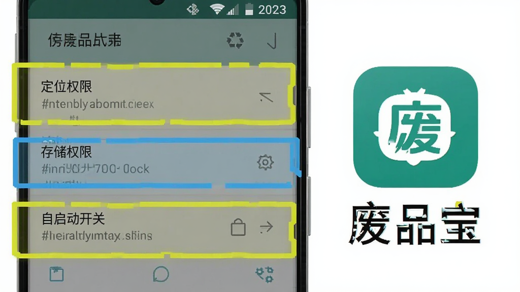 废品宝安装权限设置操作指引图,画面展示安卓手机设置界面,高亮标注定位权限、存储权限与自启动开关,旁边配废品宝图标,风格简洁教程风,画质清晰,文字“废品宝”