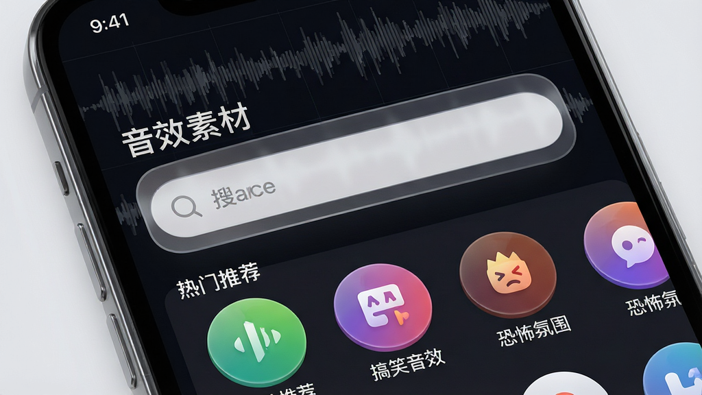 一张展示手机屏幕特写的图片,屏幕上显示着名为“音效素材”的应用程序主界面,界面中央有巨大的搜索框,下方排列着“热门推荐”、“搞笑音效”、“恐怖氛围”等彩色圆形图标。背景是深色的专业音频波形图,画面风格为现代科技感UI设计,排版简洁大方,细节上要有玻璃拟态质感,整体画质高清且干净,没有多余的元素。