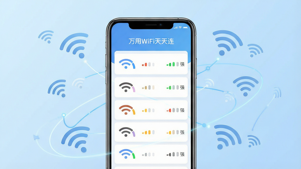 一张展示智能手机界面的高清图片,画面中央是手机屏幕,屏幕上显示着“万用WiFi天天连”的软件主界面,界面中有多个WiFi信号图标以列表形式排列,信号强弱用不同颜色的弧形图标表示,背景是简约的浅蓝色渐变,手机周围环绕着漂浮的WiFi符号和连接线条,整体布局居中对齐,风格现代科技感,细节清晰,画质干净锐利,无多余元素