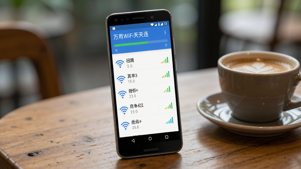 画面主体是一部安卓手机,手机屏幕显示“万用WiFi天天连”的热点扫描结果页面,列表中有多个WiFi名称和对应的信号强度图标,屏幕上方有扫描进度条,手机放置在木质桌面上,旁边有一杯咖啡,背景虚化处理,布局为手机居中偏左,风格写实生活化,细节丰富,画质清晰,干净无杂乱元素