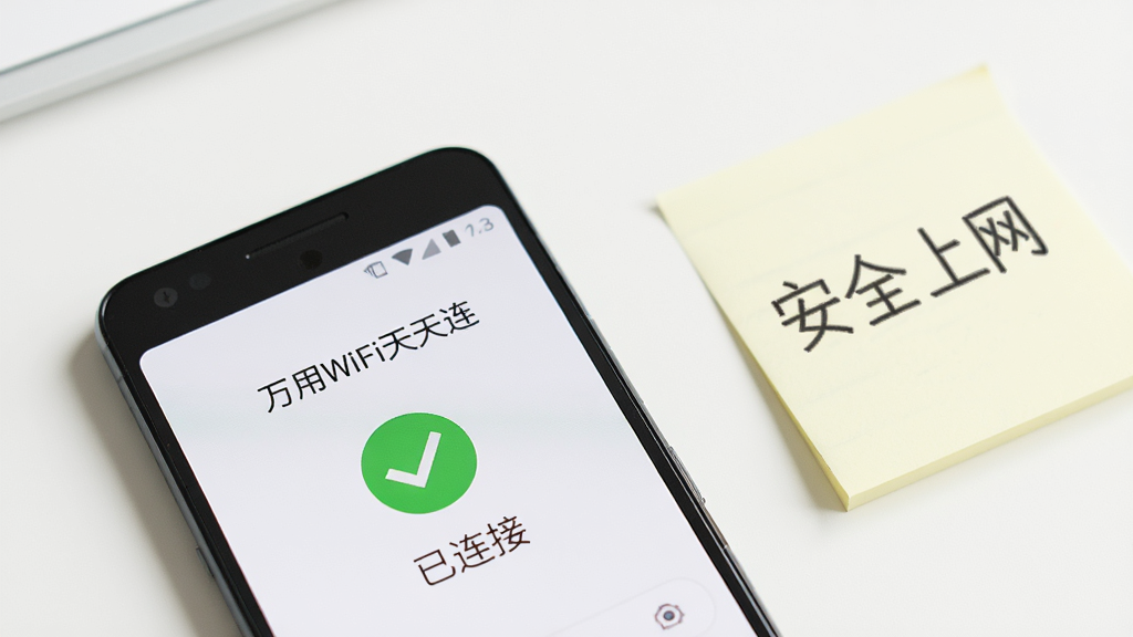 一部安卓手机屏幕特写,显示“万用WiFi天天连”的连接成功界面,屏幕上有绿色的对勾图标和“已连接”字样,手机旁边放着一张写着“安全上网”的便签纸,背景是干净的白色桌面,布局简洁,风格清新,细节清晰,画质明亮,无多余物品