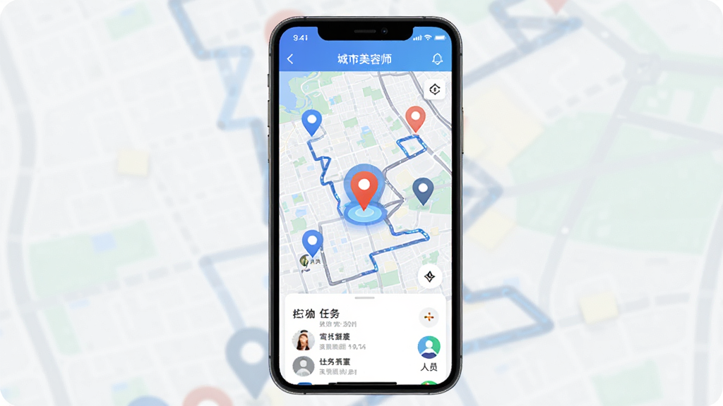 城市美容师软件功能展示图,画面展示手机屏幕中城市美容师应用的地图界面,上面有多个定位标记和路线轨迹,背景为城市地图,主体突出实时定位功能,排版为手机界面居中,风格科技感与实用感结合,细节包含任务列表和人员图标,画质清晰,干净,无多余元素