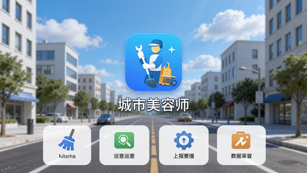 城市美容师软件主界面截图,画面中央是城市美容师应用图标和名称,背景为整洁的城市街道与蓝天白云,主体突出软件界面布局,排版清晰,风格现代简约,细节包含功能模块图标如清扫、巡查、上报等,画质高清,干净,无多余元素