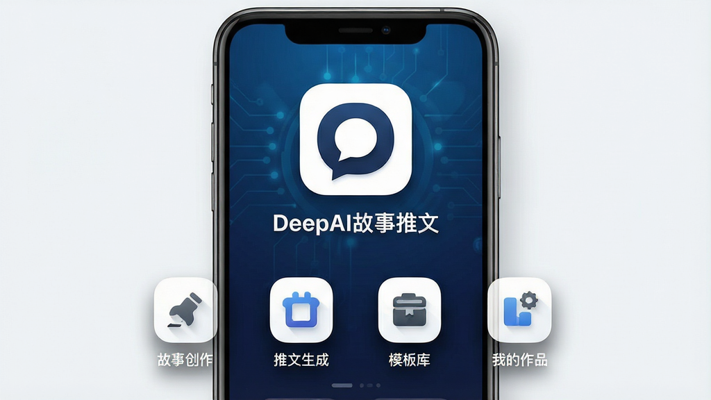 一张展示DeepAI故事推文软件主界面的手机截图,画面中央是软件Logo与名称“DeepAI故事推文”,背景为深蓝渐变科技风格,界面下方排列着故事创作、推文生成、模板库、我的作品四个功能图标,整体布局简洁清晰,风格现代简约,细节包括图标阴影与圆角设计,画质高清,干净无多余元素