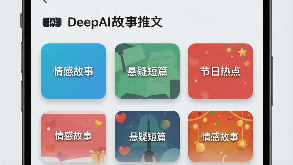 一张展示DeepAI故事推文模板库界面的手机截图,画面中整齐排列着多个彩色卡片式模板,每个卡片上标注着“情感故事”“悬疑短篇”“节日热点”等分类标签,背景为浅灰色,风格清新简洁,细节包括卡片圆角与阴影效果,画质高清,干净无多余元素,画面顶部带有“DeepAI故事推文”标题