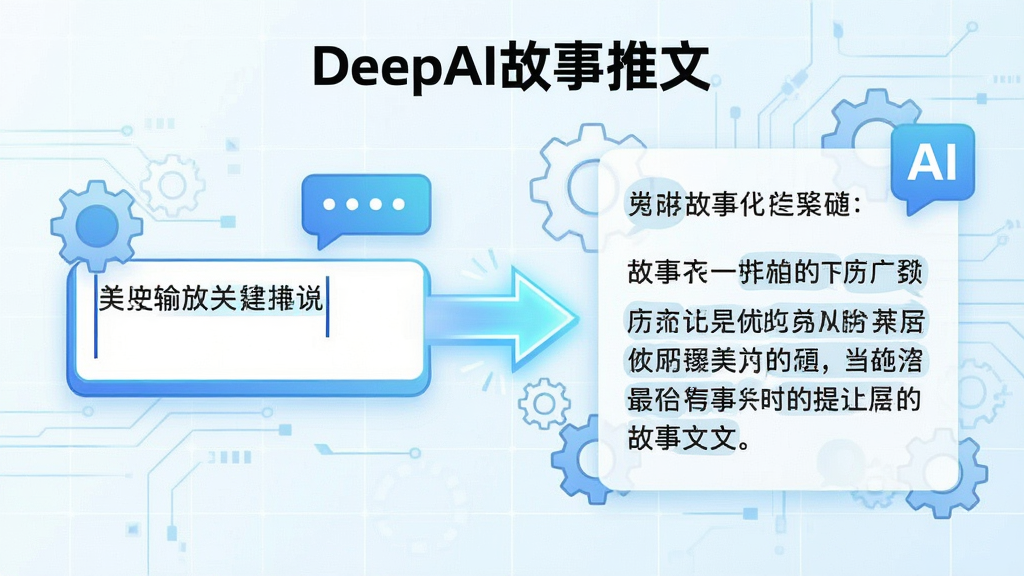 一幅展示DeepAI故事推文智能生成过程的插画,画面左侧是用户输入关键词的输入框,右侧是AI自动生成的故事文本段落,中间用发光箭头连接,背景为浅色科技网格,风格清新明亮,细节包括文字气泡与齿轮图标,画质清晰,干净整洁,画面中带有“DeepAI故事推文”字样