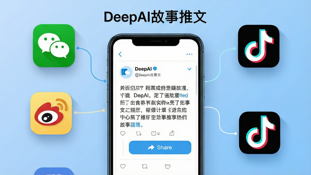 一幅展示DeepAI故事推文分享功能的示意图,画面中央是手机屏幕,屏幕上显示生成的推文内容与分享按钮,四周环绕着微信、微博、抖音等社交平台图标,背景为柔和渐变蓝色,风格扁平化设计,细节包括图标光影与连接线条,画质清晰,干净整洁,画面中带有“DeepAI故事推文”字样