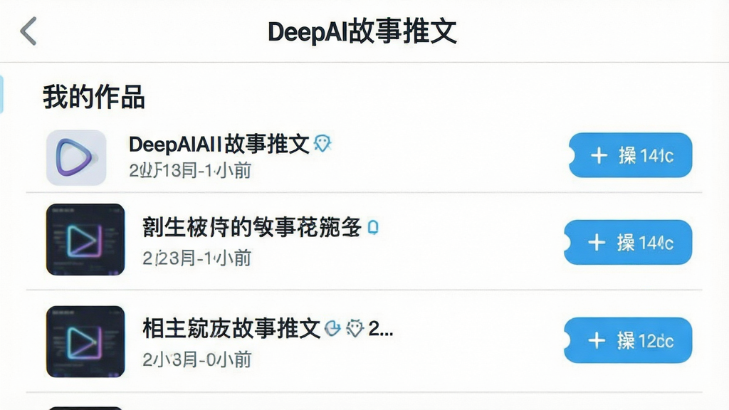 一张展示DeepAI故事推文作品管理界面的手机截图,画面中显示“我的作品”列表,每条作品带有标题、创建时间与操作按钮,背景为白色,风格简约商务,细节包括列表分割线与图标设计,画质高清,干净无多余元素,画面顶部带有“DeepAI故事推文”标题