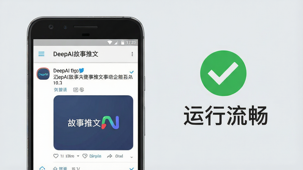 一张展示DeepAI故事推文在安卓手机上运行状态的示意图,画面中手机屏幕显示软件正常运行的界面,旁边有绿色对勾图标与“运行流畅”字样,背景为浅灰色,风格简洁明了,细节包括手机边框与界面元素,画质清晰,干净无多余元素,画面中带有“DeepAI故事推文”字样