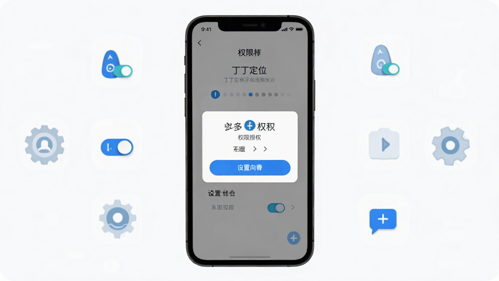 丁丁定位新手设置引导界面,主体为手机屏幕特写,屏幕上显示权限授权弹窗和设置向导步骤,布局为居中手机加周围设置图标,风格为清爽扁平化,细节包括权限开关、步骤指示器、蓝色高亮按钮,画质高清,干净,无多余元素