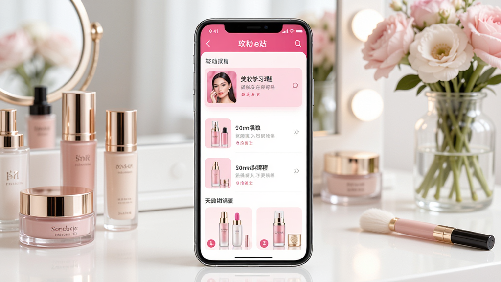 玫粉e站移动应用界面展示,画面中央是一部智能手机,屏幕显示美妆学习课程列表和产品展示页面,整体采用粉色与白色渐变配色,背景为干净明亮的梳妆台场景,摆放着化妆品瓶罐和鲜花装饰,风格清新时尚,细节精致,画质高清,干净无多余元素