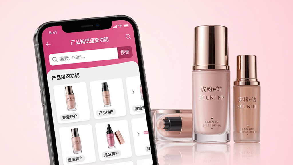 玫粉e站产品知识速查功能界面,手机屏幕显示产品搜索框和产品列表,旁边展示化妆品瓶身特写,背景为浅粉色渐变,风格简洁商务,细节丰富,画质高清,干净无多余元素