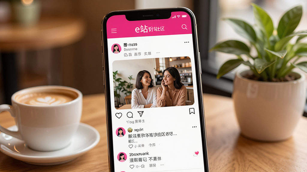 玫粉e站社区互动界面,手机屏幕展示用户动态信息流,包含图片分享和评论互动,背景为温馨的社交场景,有咖啡杯和绿植点缀,风格清新温暖,画质清晰,干净无多余元素