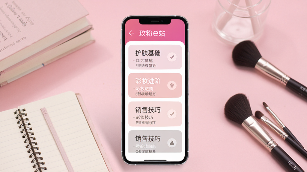 玫粉e站专业课程学习场景,手机屏幕展示多个课程分类卡片,包括护肤基础、彩妆进阶、销售技巧等,背景为柔和的粉色渐变,画面中融入书籍、笔记本、化妆刷等学习元素,风格简约现代,画质清晰,干净无多余元素
