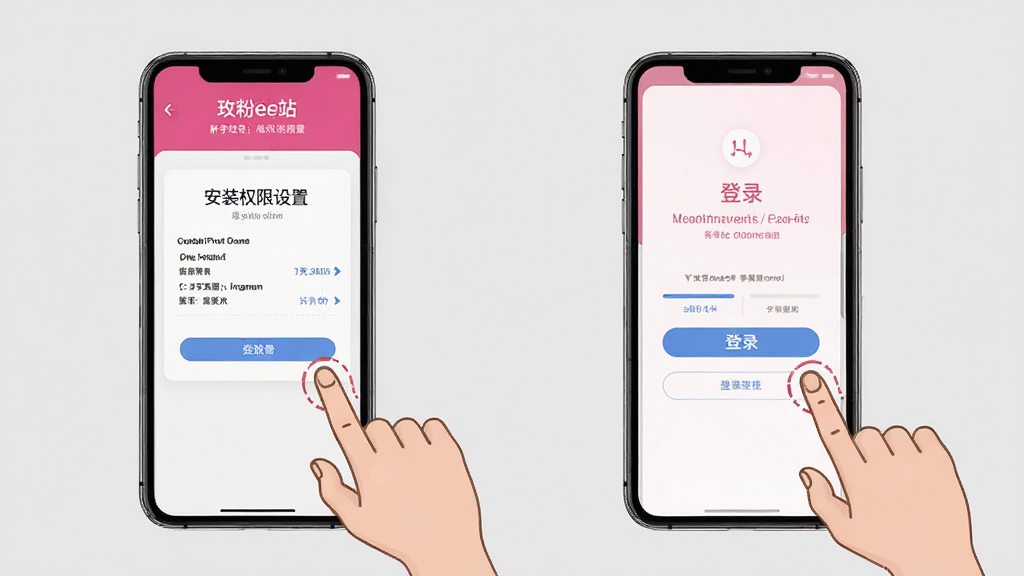 玫粉e站新手使用教程示意图,手机屏幕展示安装权限设置和登录界面,旁边有手指点击操作的示意,背景为简洁的浅灰色,风格清晰直观,画质高清,干净无多余元素
