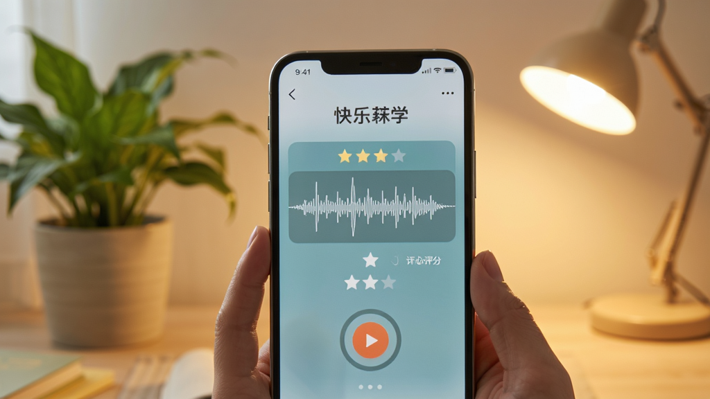快乐英学口语跟读界面,手机屏幕显示录音波形和评分星级,背景是温馨的家庭学习角落,有绿植和台灯,风格柔和,画质清晰,无杂乱元素