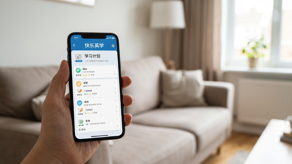 快乐英学移动端使用场景图,画面中一只手拿着手机,屏幕显示学习计划页面,背景是客厅沙发和窗户,风格生活化,画质自然,干净无多余物品