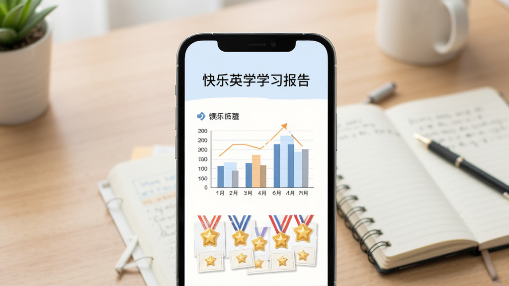 快乐英学学习报告页面,手机屏幕展示柱状图和勋章墙,背景是书桌和笔记本,风格简约清新,画质高清,布局整洁