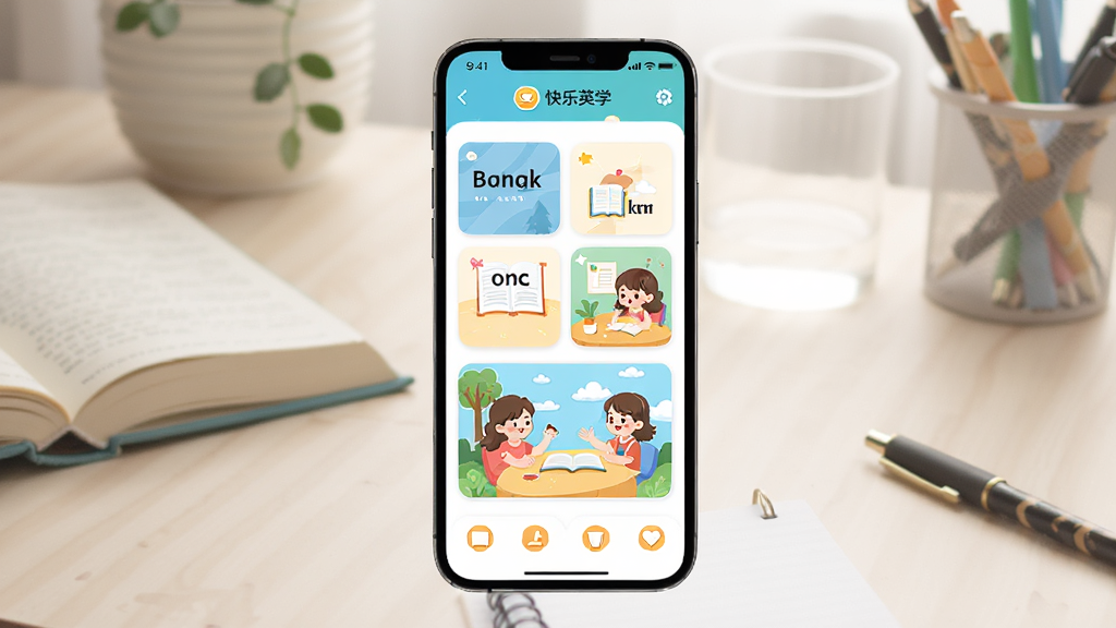 一张展示快乐英学软件界面的预览图,画面中央是手机屏幕,屏幕中显示快乐英学的首页,包含单词卡片和卡通插画风格的英语学习场景,背景是柔和的书桌环境,有书本和文具点缀,整体风格清新明亮,画质清晰,干净无多余元素