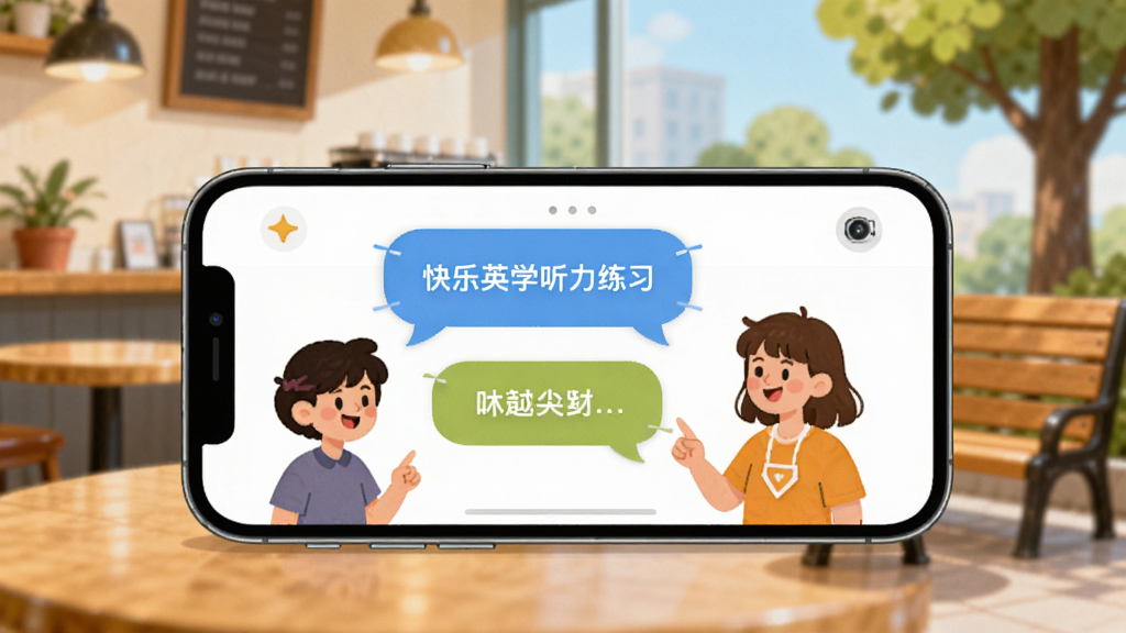快乐英学听力练习场景,画面中手机横屏显示对话气泡和人物插图,背景是咖啡厅或公园长椅,风格轻松活泼,画质明亮,干净无干扰