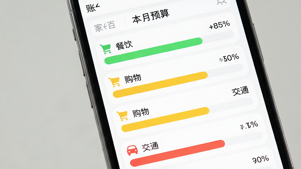 一部手机屏幕显示“家账本”的预算管理页面,画面中有多个彩色进度条,分别标注餐饮、购物、交通等分类,进度条呈现绿色、黄色和红色三种状态,顶部有“本月预算”字样,布局纵向排列,风格为清新简约的UI设计,细节包括百分比数字、分类图标、圆角进度条,画质高清,画面干净,无多余元素